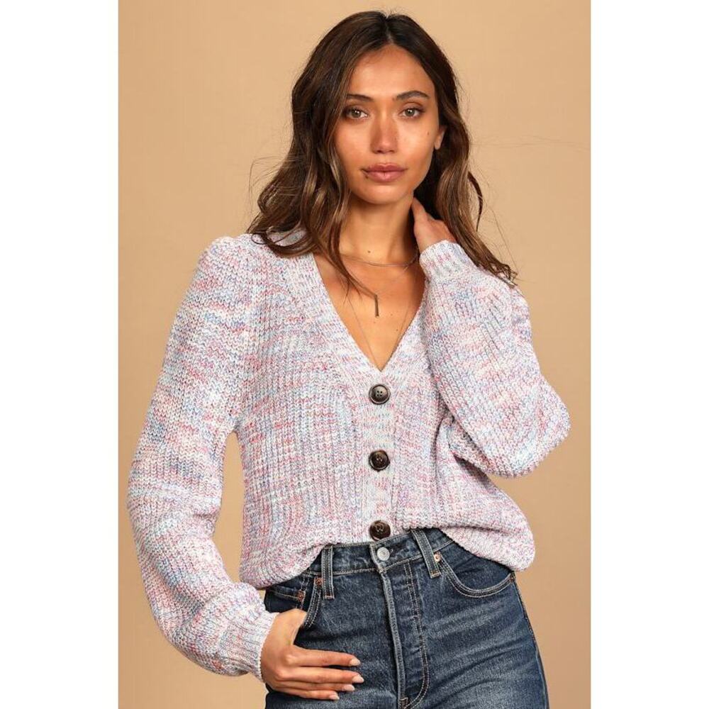 Lulus Bright And Cozy White Multi Knit Button-up Cardigan Sweater - Size S